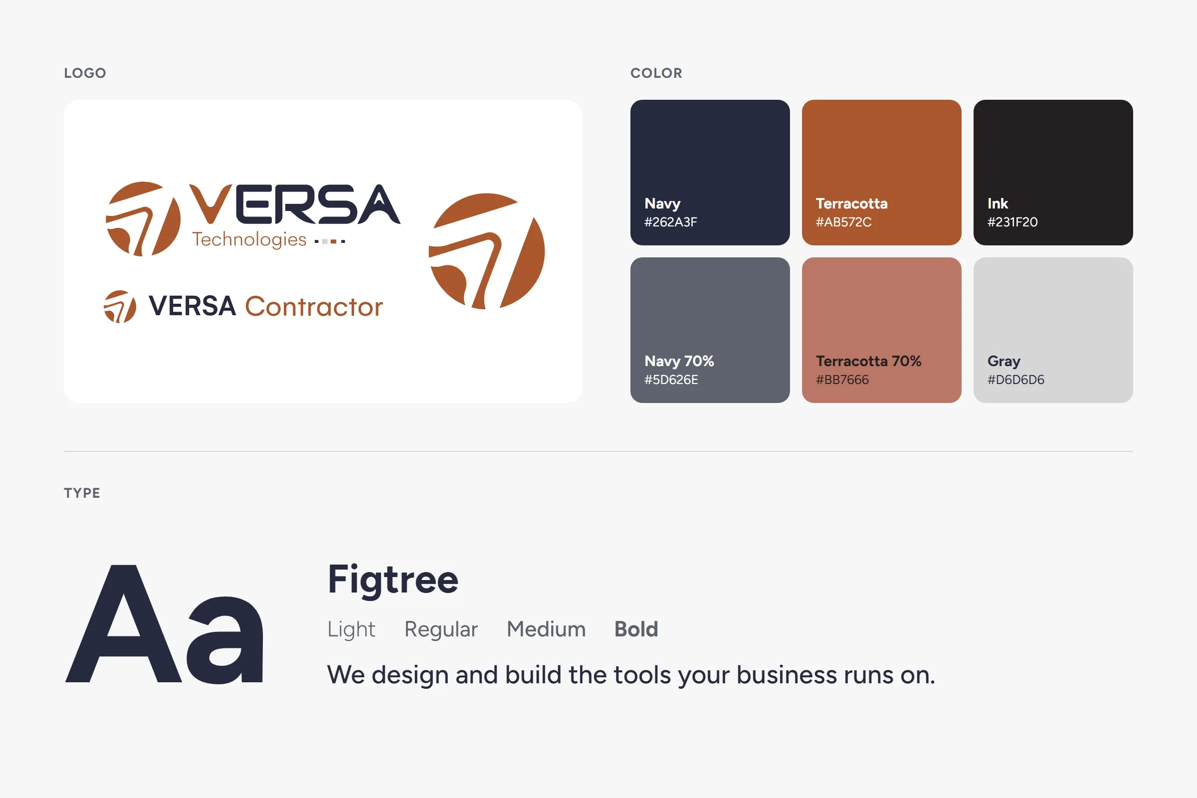 The VERSA brand board: the VERSA Technologies and VERSA Contractor logos, the six brand colors with their codes, and the Figtree typeface. Opens the full-size image.