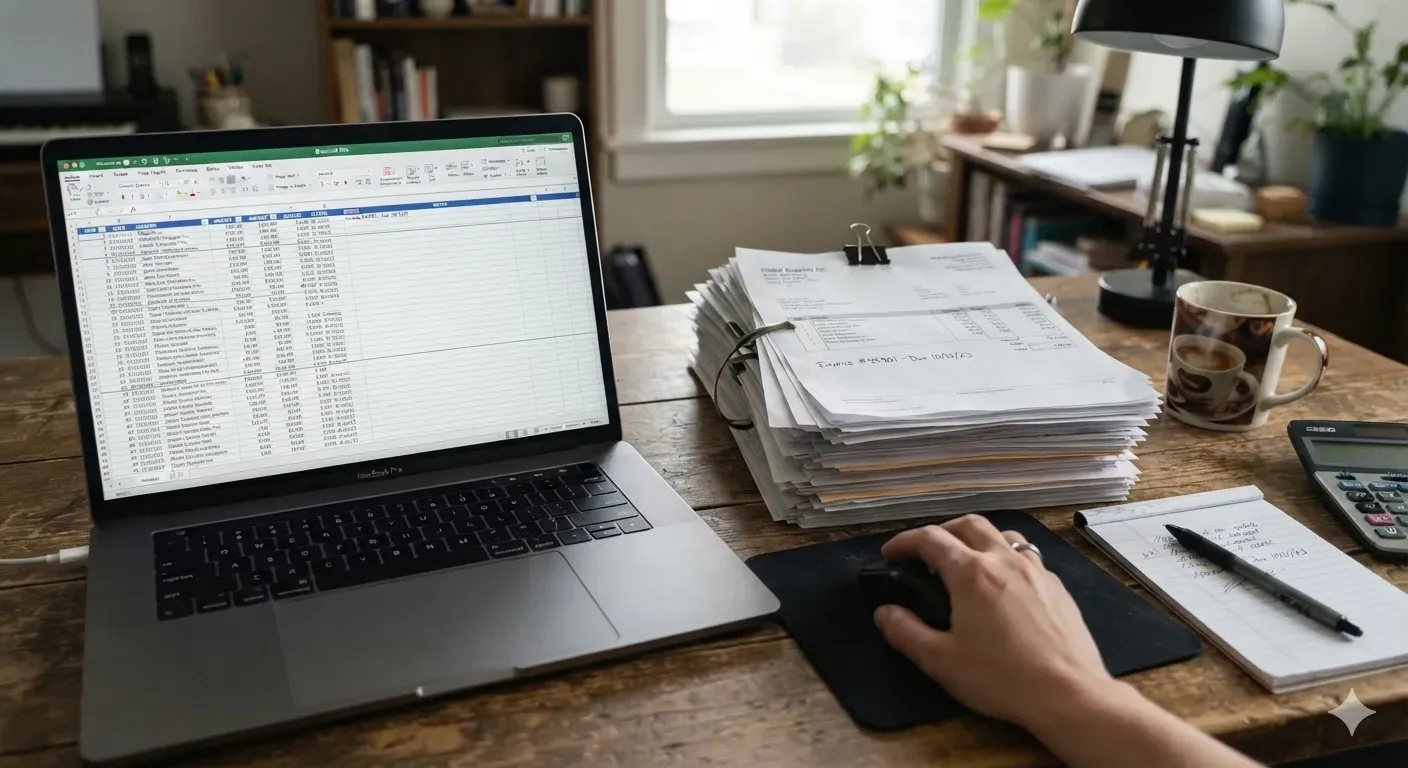 A laptop open to a dense spreadsheet next to a tall stack of clipped invoices on a desk.